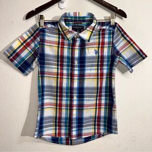 US Polo Assn Boys Short Sleeve Button Down Shirt Blue White Red Size 8